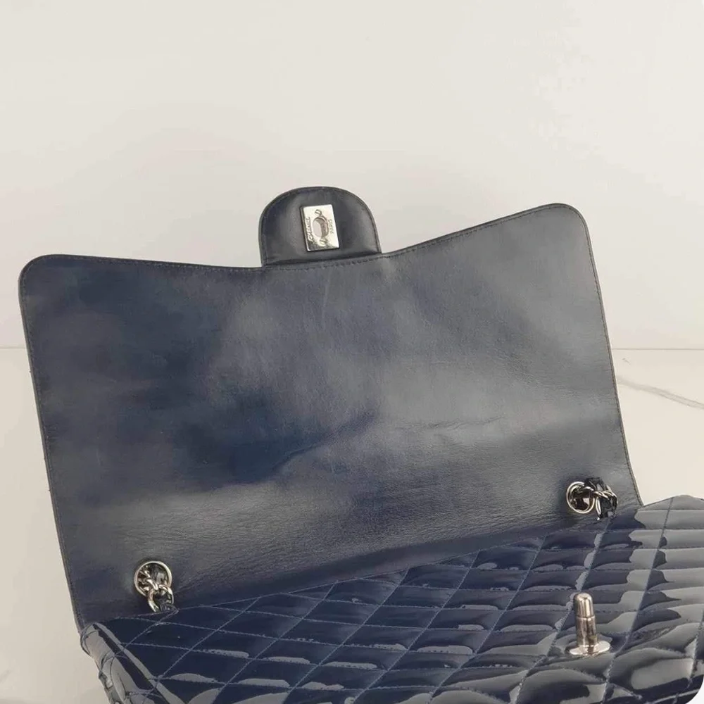 Chanel Navy Quilted Patent Leather Jumbo Maxi Bag - Picture 11 of 13